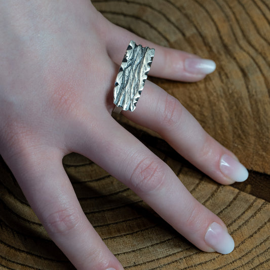 Tree Bark Ring – Detail shot of the handmade sterling silver ring