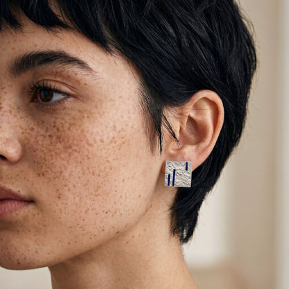 Blue Enamel Square Earrings