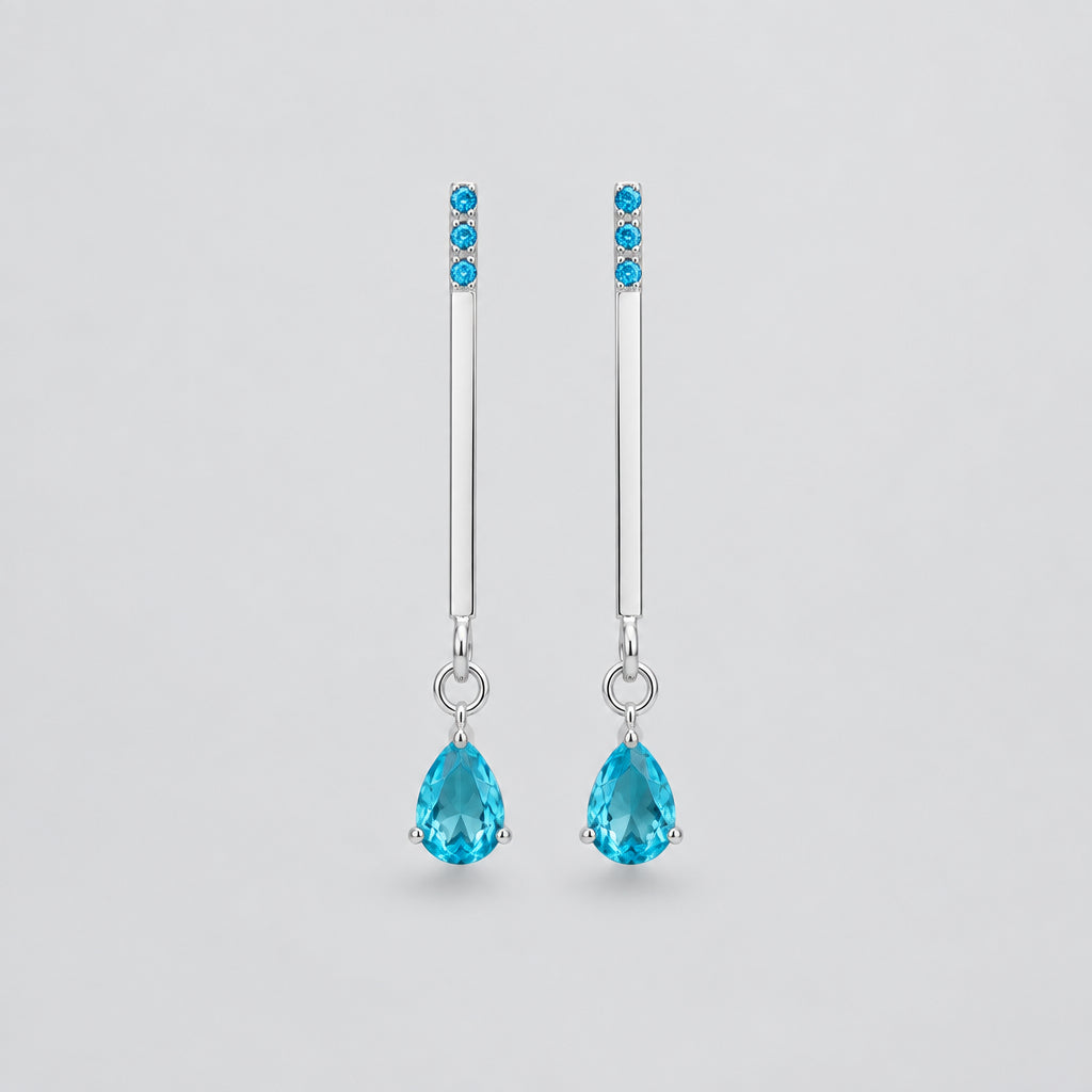 Minimalist blue drop earrings – 925 sterling silver bar earrings with blue teardrop zircon, Tanti Jewellery Aqua Collection