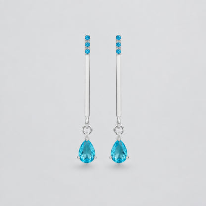 Minimalist blue drop earrings – 925 sterling silver bar earrings with blue teardrop zircon, Tanti Jewellery Aqua Collection