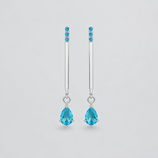 Minimalist blue drop earrings – 925 sterling silver bar earrings with blue teardrop zircon, Tanti Jewellery Aqua Collection