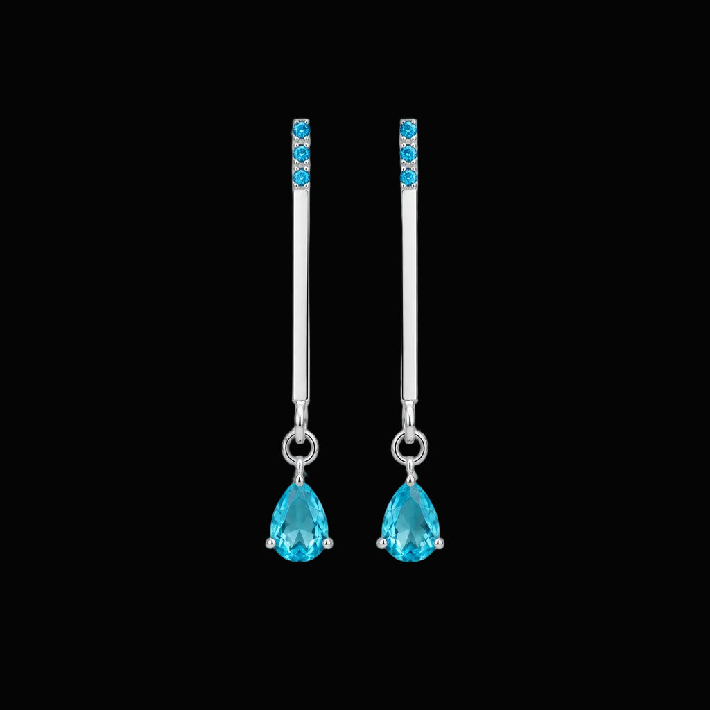 Pair of blue drop earrings on black background – 925 sterling silver, rhodium plated