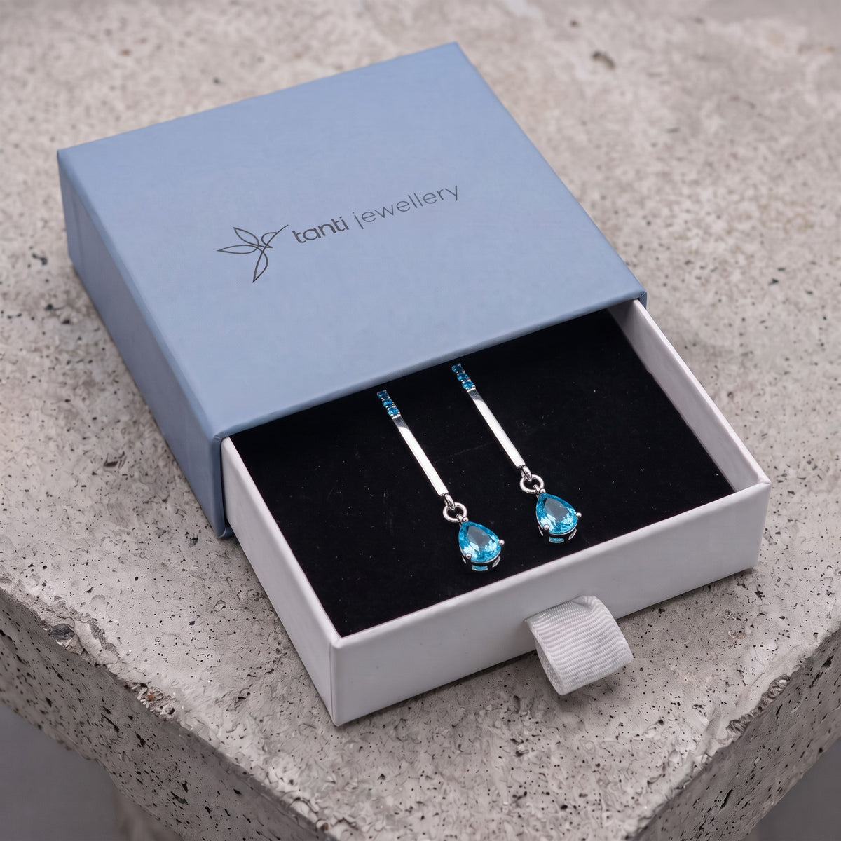 Blue drop earrings in a Tanti Jewellery gift box