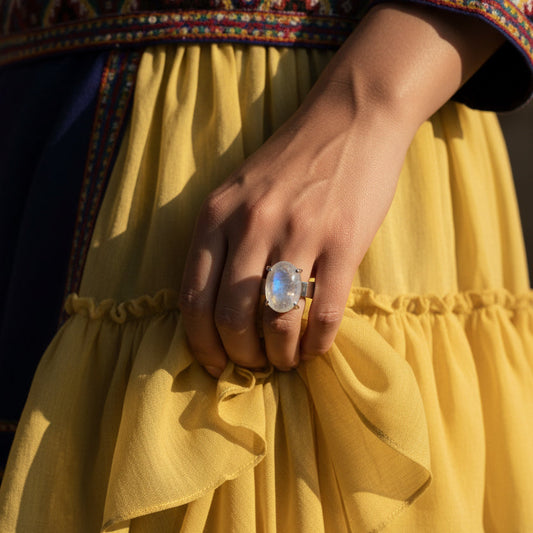 Moonstone Cyclical Ring - worn on model's hand against a yellow skirt in daylight