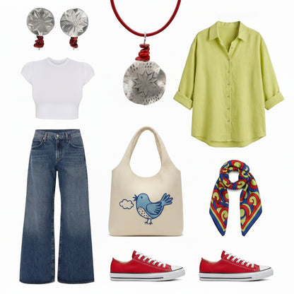 Polaris Necklace styling board - paired with jeans, a white tee, a green shirt and a scarf