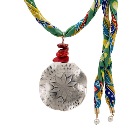 Polaris Necklace threaded onto a colourful silk scarf - alternative way to wear it